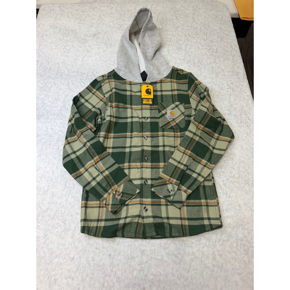 Carhartt Kids Green Plaid Flannel Hooded Shirt Mountain View CE8212 Size M 10/12